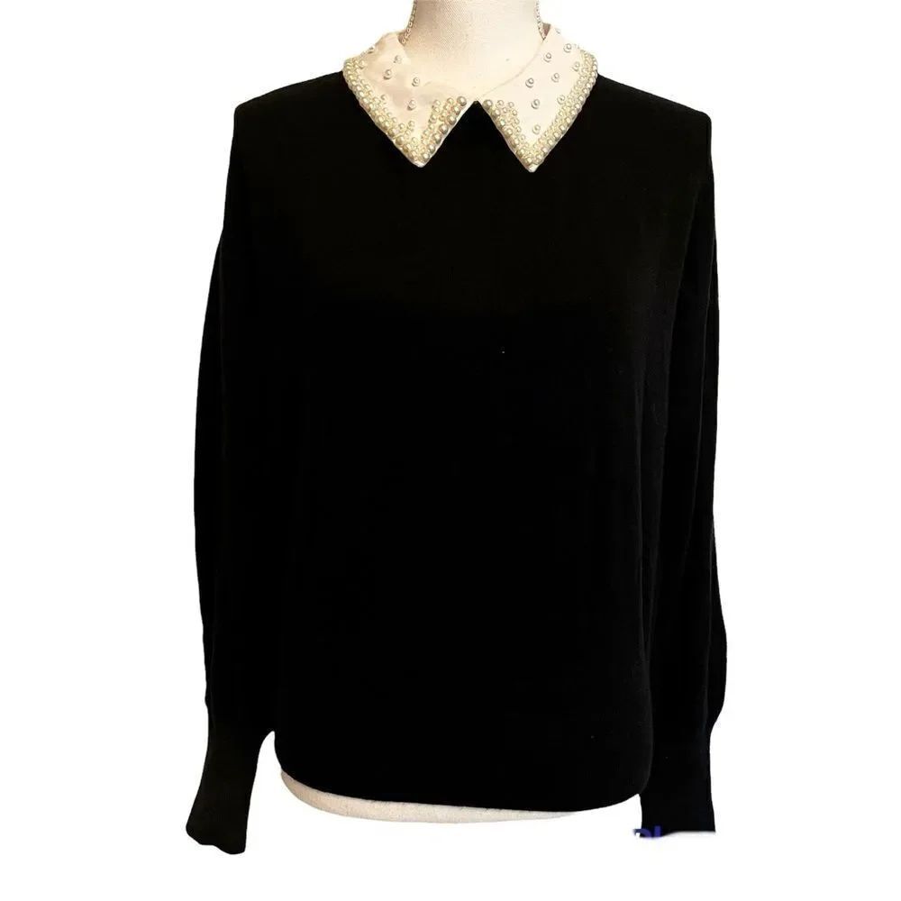 NWOT Halogen Black Crewneck Sweater with Removable Faux Pearl Collar Small